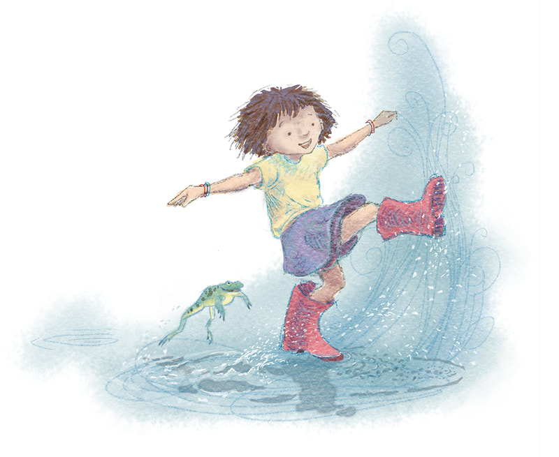 Painting of girl splashing in puddle with frog.